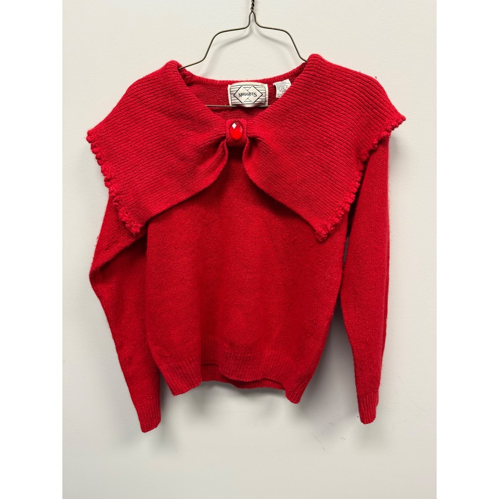Vintage Nuggets Red Silk Angora Blend Bow Portrait Collar Jewel Sweater Small
